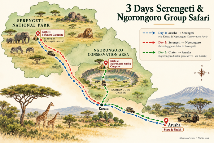 Three day SerengetiNgorongoro safari route